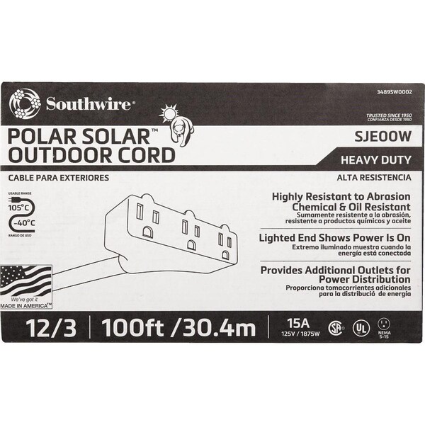 Southwire SJEOW Extension Cord, 12 AWG, Outdoor, 12/3, 3 Outlets, 5-15R, Yellow, TPE, 5-15P, 100 ft 3489SW0002 - main